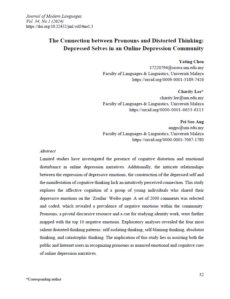 The Connection between Pronouns and Distorted Thinking: Depressed Selves in an Online Depression Community